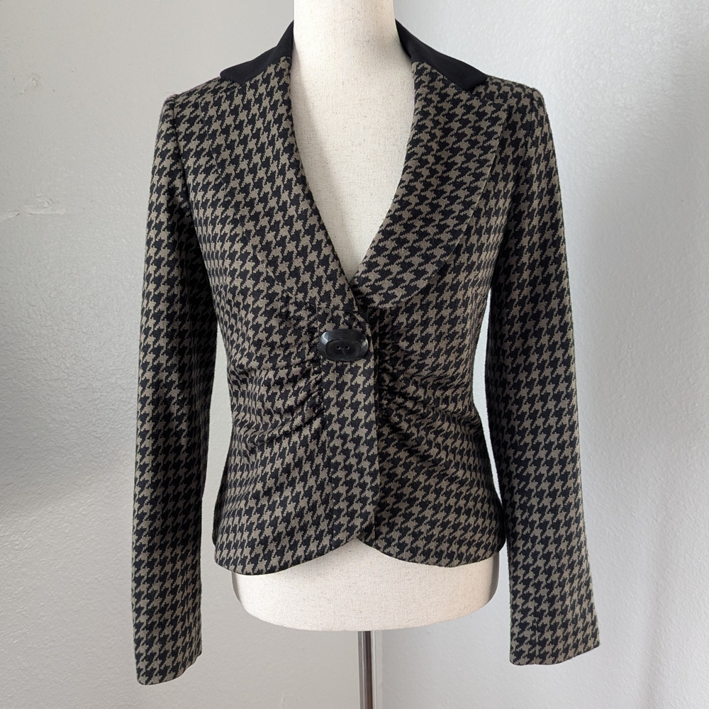 Etcetera Houndstooth Blazer Size 2 Work Career Jacket Ruched Waist Tweed Knit